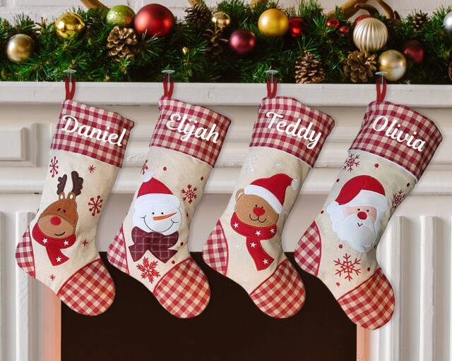 Personalised Christmas Stocking Red & Cream Santa Reindeer Snowman Designs Baby Boot Sock Nordic Traditional Style Decoration - image 1
