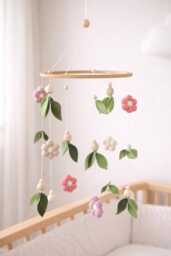 Floral Themed Baby Mobile, Green Leaves & Felt Flowers Neutral Earthy Nursery Decor, Newborn Cot Crib Mobile Carousel, Shower Gift - thumbnail 1