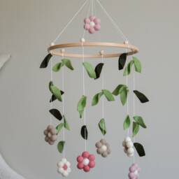 Floral Themed Baby Mobile, Green Leaves & Felt Flowers Neutral Earthy Nursery Decor, Newborn Cot Crib Mobile Carousel, Shower Gift - thumbnail 3