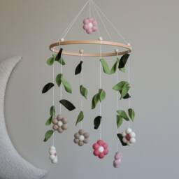 Floral Themed Baby Mobile, Green Leaves & Felt Flowers Neutral Earthy Nursery Decor, Newborn Cot Crib Mobile Carousel, Shower Gift - thumbnail 2