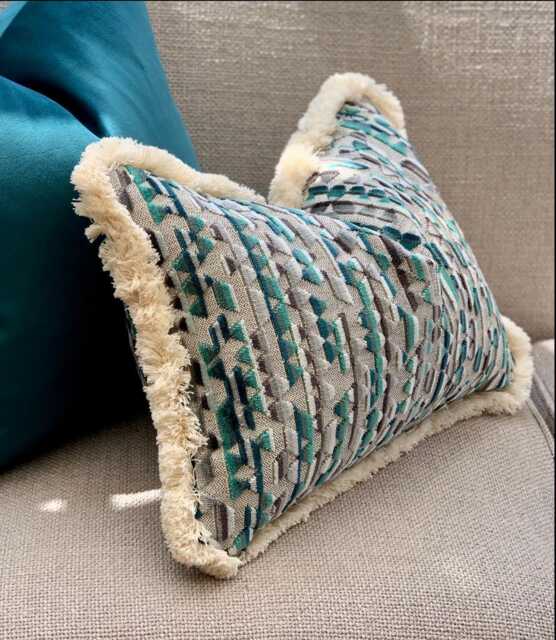Teal Geometric Fringed Cushion Cover Custom Size + Trim Colour - image 1