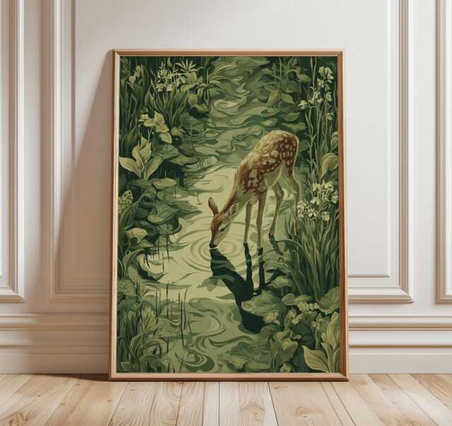 Deer Forest Poster, Botanical Nature Art Print in Modern Illustration Style - image 1