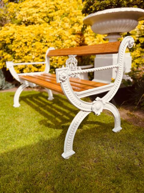 Rare White Cast Iron & Oak Garden Bench - image 1