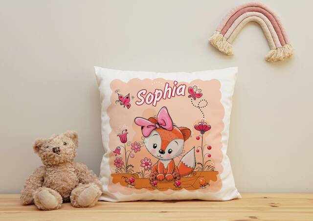 Pillow With Name, Fox Girl, Personalized Gift Children Pink, Orange Cuddly Pillow, Birth Baptism Birthday Name Pillow - image 1