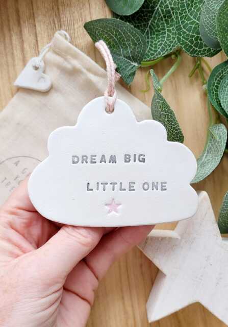 Dream Big Little One, Personalised Cloud Decoration, New Baby Gift, Christening, Nursery Birth Announcement, Clay Keepsake - image 1