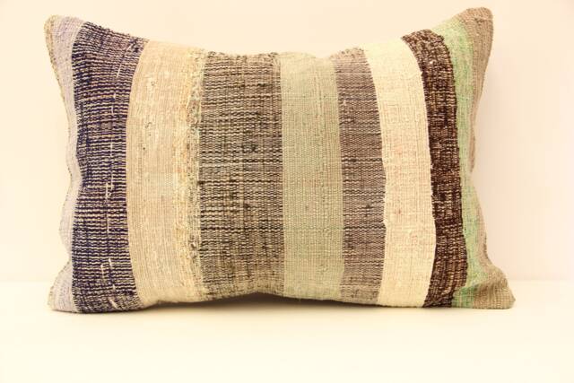 Handmade Kilim Lumbar Pillow Cover Turkish Wool Throw - 16x24 4Kaf-7 - image 1