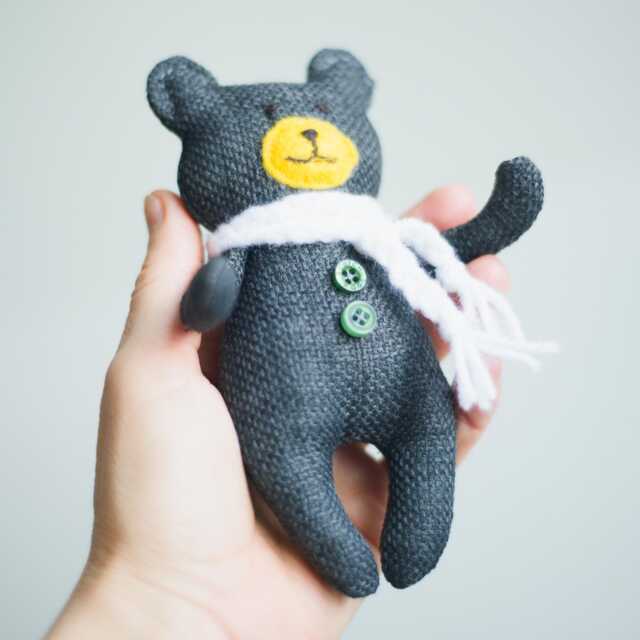 Handmade Grey Teddy Bear - Burlap Plush Toy With Scarf & Basket - image 1