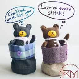 Handmade Grey Teddy Bear - Burlap Plush Toy With Scarf & Basket - thumbnail 2