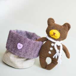 Handmade Grey Teddy Bear - Burlap Plush Toy With Scarf & Basket - thumbnail 4