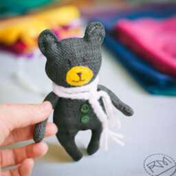 Handmade Grey Teddy Bear - Burlap Plush Toy With Scarf & Basket - thumbnail 3