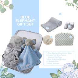 Baby Boy Gift Blue Elephant Comforter + Blanket Bootees Hamper Suitcase Set Newborn New Milestone Card Personalise - thumbnail 2