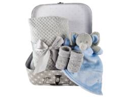 Baby Boy Gift Blue Elephant Comforter + Blanket Bootees Hamper Suitcase Set Newborn New Milestone Card Personalise - thumbnail 1