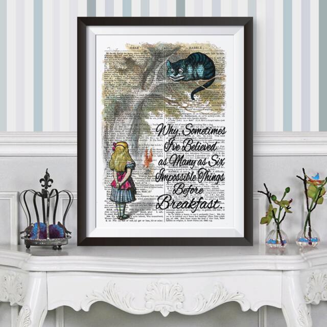 Poster Dictionary Book Page Background Alice in Wonderland & Cheshire Cat Quote. Wall Decor Poster Print Art - image 1