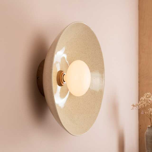 Speckled Cream Gloss Xl Dawn Wall Light Sconce in Ceramic & Oak - image 1
