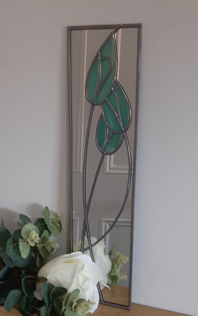 Tulips Art Nouveau Rennie Mackintosh Style Stained Glass Effect Mirror in Duck Egg Handmade Gift Catfish Glass 10x40cm - image 1
