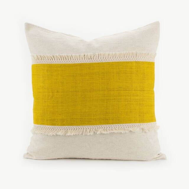 Handmade Hemp Throw Pillow - Yellow Stripe, Tassel Fringe, 20x20 - image 1