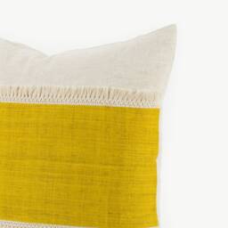 Handmade Hemp Throw Pillow - Yellow Stripe, Tassel Fringe, 20x20 - thumbnail 4