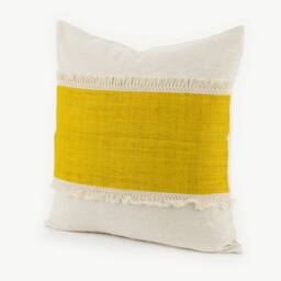 Handmade Hemp Throw Pillow - Yellow Stripe, Tassel Fringe, 20x20 - thumbnail 3