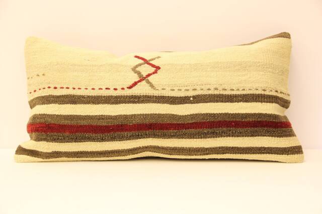 Handmade Wool Kilim Lumbar Pillow Cover, Turkish Boho Accent - 12x24 Inch - image 1