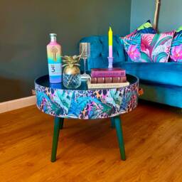 Round Coffee Table , Tropical Green Pink & Orange Leopard Print Animal Floral Print. Table, Lift Off Top For Storage