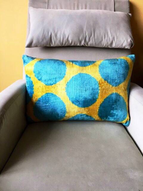 Yellow Blue Dot Velvet Ikat Pillow - Handwoven Silk Uzbek Cushion - image 1
