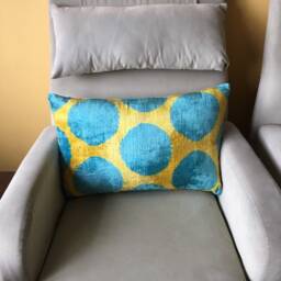 Yellow Blue Dot Velvet Ikat Pillow - Handwoven Silk Uzbek Cushion - thumbnail 2