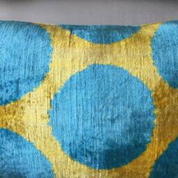 Yellow Blue Dot Velvet Ikat Pillow - Handwoven Silk Uzbek Cushion - thumbnail 3