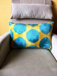 Yellow Blue Dot Velvet Ikat Pillow - Handwoven Silk Uzbek Cushion - thumbnail 1