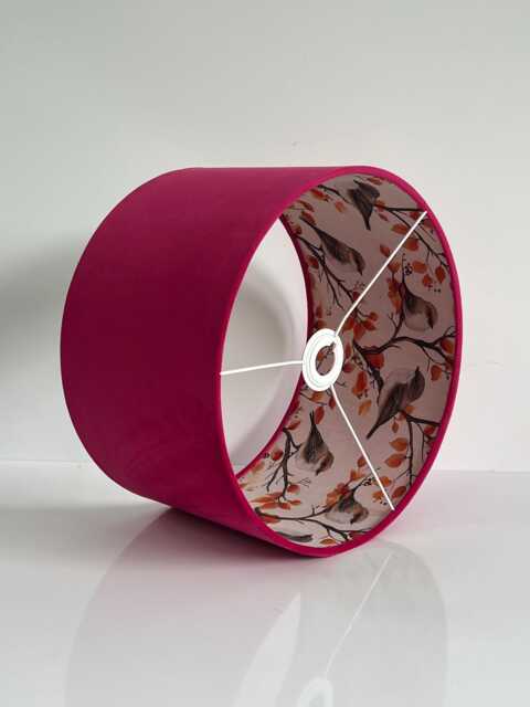 Handmade By Order Hot Pink Velvet & Birds On Branches Print Double Sided Drum Lamp Shade All Shapes Sizes Available - image 1