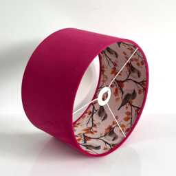 Handmade By Order Hot Pink Velvet & Birds On Branches Print Double Sided Drum Lamp Shade All Shapes Sizes Available - thumbnail 2