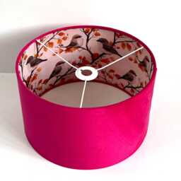 Handmade By Order Hot Pink Velvet & Birds On Branches Print Double Sided Drum Lamp Shade All Shapes Sizes Available - thumbnail 3