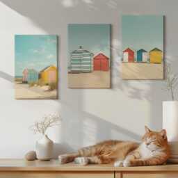 Set Of 3 Canvas Prints - Colorful Beach Houses On A Sunny Day, Turquoise Wall Art Print, Landscapes Decor - thumbnail 2