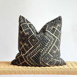 Black Neutral Tribal Hemp Hand Woven Natural Dye Color Lumbar Pillow Cover - thumbnail 1