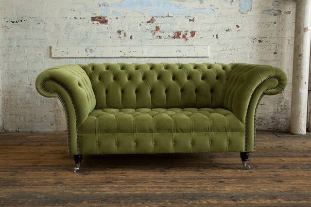 British Handmade 2 Seater Plush Olive Green Velvet Chesterfield Sofa - image 1