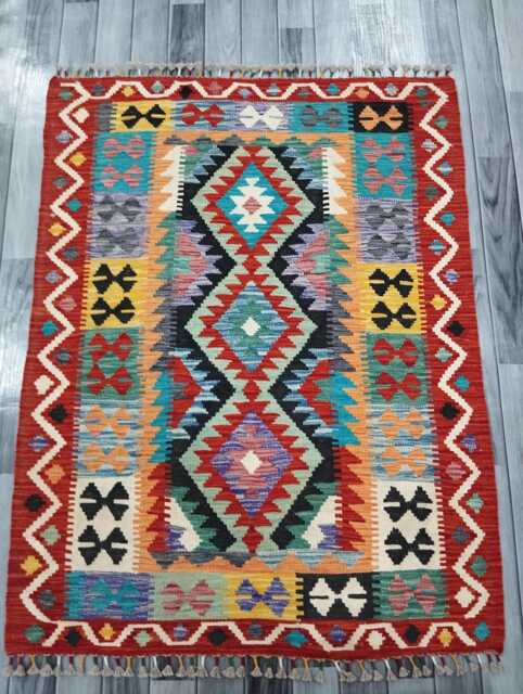 Multicolour Rug, Handmade Artisan Afghan Turkish Scandinavian Navajo Bohemian Flatweave Wool Kilim 141x109 cm - image 1