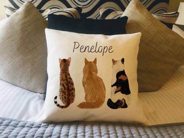 Personalised Three Backwards Cats Country Canvas Cushion - Customised Kitten Linen -Cushion Cover With Inner Filler Cat Lover Gift - image 1