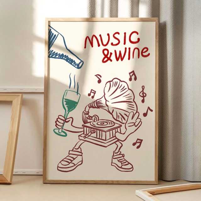 Music & Wine Print Art Canvas Poster, Trendy Wall Art, Kitchen Aesthetic Decor, Retro Home Printed Gift - image 1