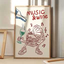 Music & Wine Print Art Canvas Poster, Trendy Wall Art, Kitchen Aesthetic Decor, Retro Home Printed Gift - thumbnail 1