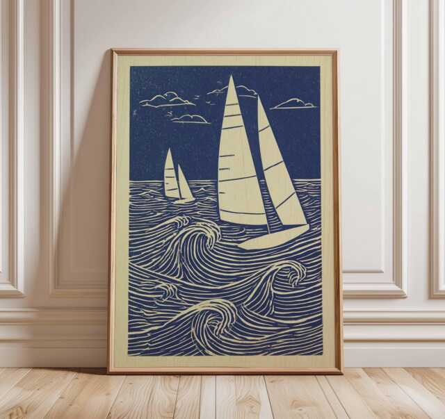 Sailboat Linocut Wall Art - Nautical Ocean Print Vintage Maritime Poster Coastal Beach House Decor Sailing Artwork - image 1