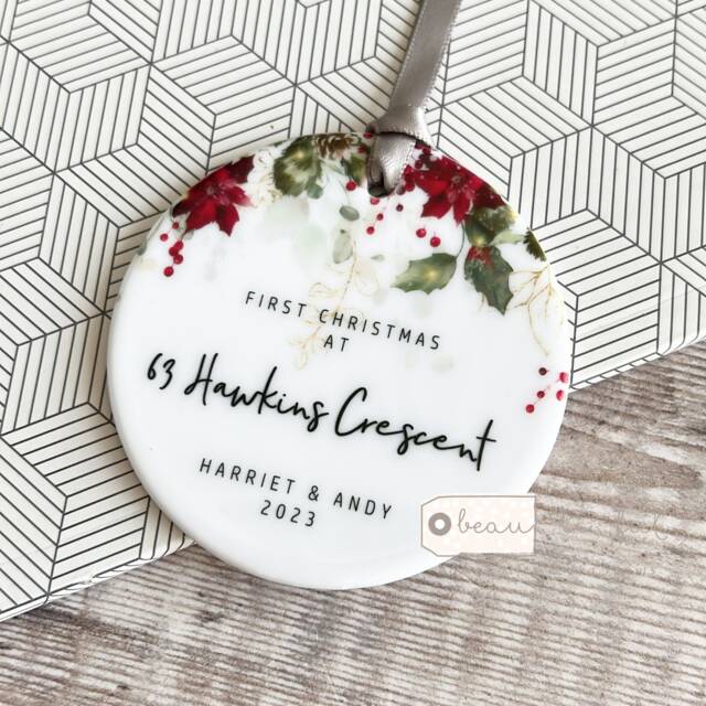 Personalised First Christmas At Address New Home Gift Holly Foliage Wreath Poinsettia Design Ceramic Or Acrylic Round Ornament Keepsake