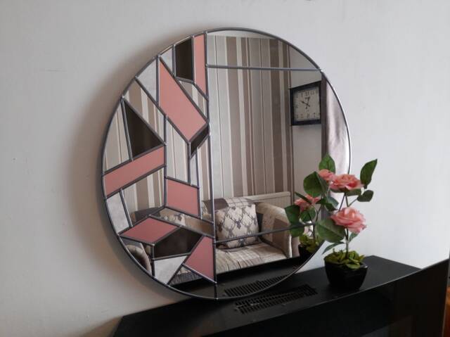 Artistic Boarder Wall Mirror, Round Pink Bathroom Geometric Style Mirror - image 1