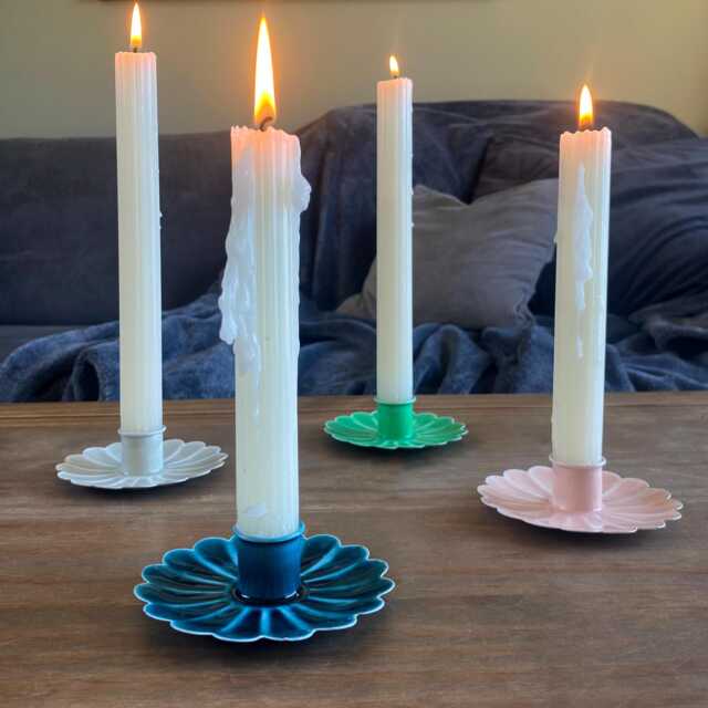 Enamel Flat Flower Candle Holder - Dinner Stick Dining Table Decorations Winter D??cor Pink Green Blue Grey - image 1