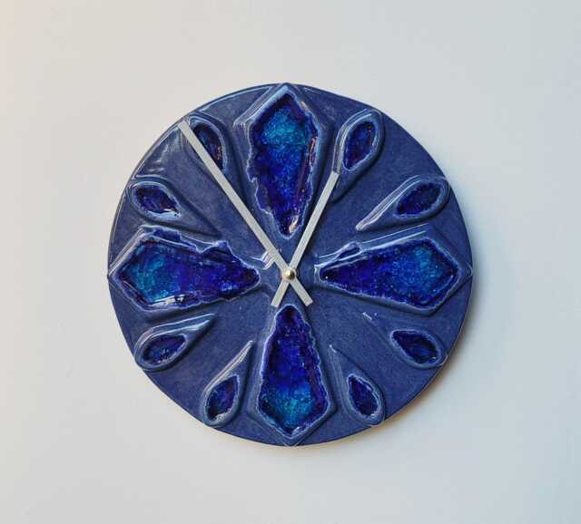 Unusual Hand Made Circular Blue Glazed Wall Clock With Inlaid Glass 25 cm Diameter - image 1