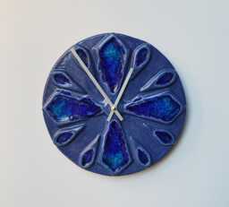 Unusual Hand Made Circular Blue Glazed Wall Clock With Inlaid Glass 25 cm Diameter