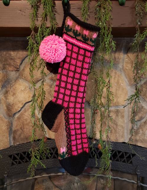 Hand Knit Christmas Stocking Pink Brown Windowpane Check Flower Detail By Santa's Works - image 1