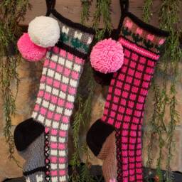 Hand Knit Christmas Stocking Pink Brown Windowpane Check Flower Detail By Santa's Works - thumbnail 3