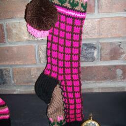 Hand Knit Christmas Stocking Pink Brown Windowpane Check Flower Detail By Santa's Works - thumbnail 2
