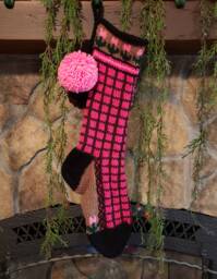 Hand Knit Christmas Stocking Pink Brown Windowpane Check Flower Detail By Santa's Works