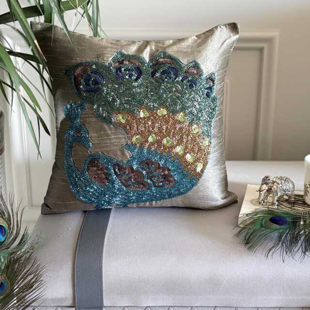 Art Silk Taupe Green Beaded Birds Pattern Traditional 24x24/26x26 Euro Sham Cover - Peacock - image 1