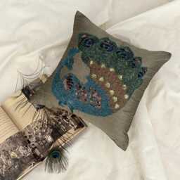 Art Silk Taupe Green Beaded Birds Pattern Traditional 24x24/26x26 Euro Sham Cover - Peacock - thumbnail 3